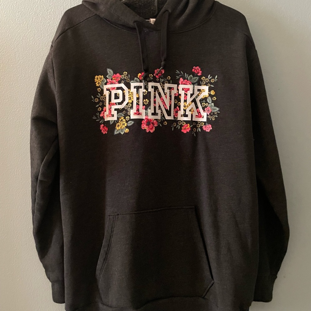 Grey floral PINK hoodie. Size M.